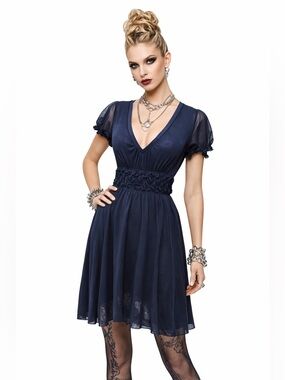 Jean Paul Gaultier Dress Vintage 90s Navy Blue V-Neck Layered Mesh Y2K Medium